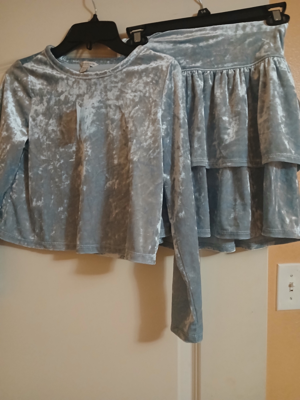 Girls Velvet Long-Sleeve Top & Tiered Skirt Set - Light Blue